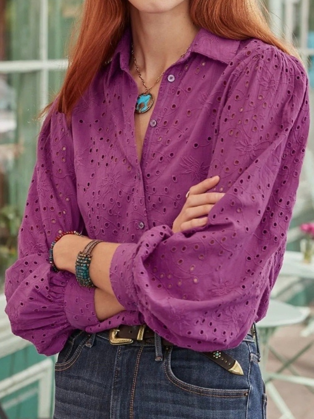 Sundance Purple Eyelet Button-Down Blouse